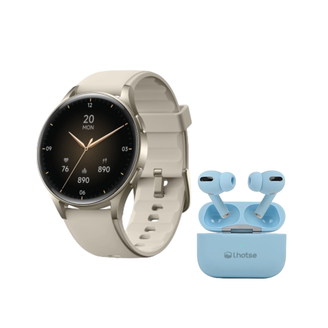 Pack Smartwatch Lhotse Vibe 05 Cream + Audífonos Celeste