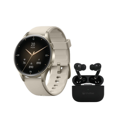 Pack Smartwatch Lhotse Vibe 05 Cream + Audífonos Negro