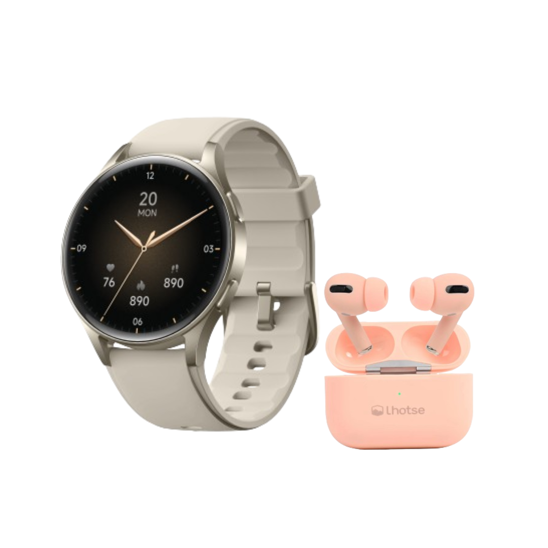 Pack Smartwatch Lhotse Vibe 05 Cream + Audífonos Rosado