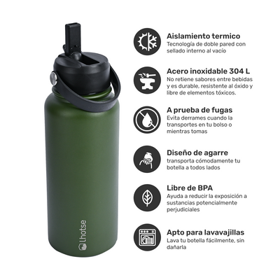 Botella Térmica Hydro Verde 960ml + 2 Tapas Lhotse