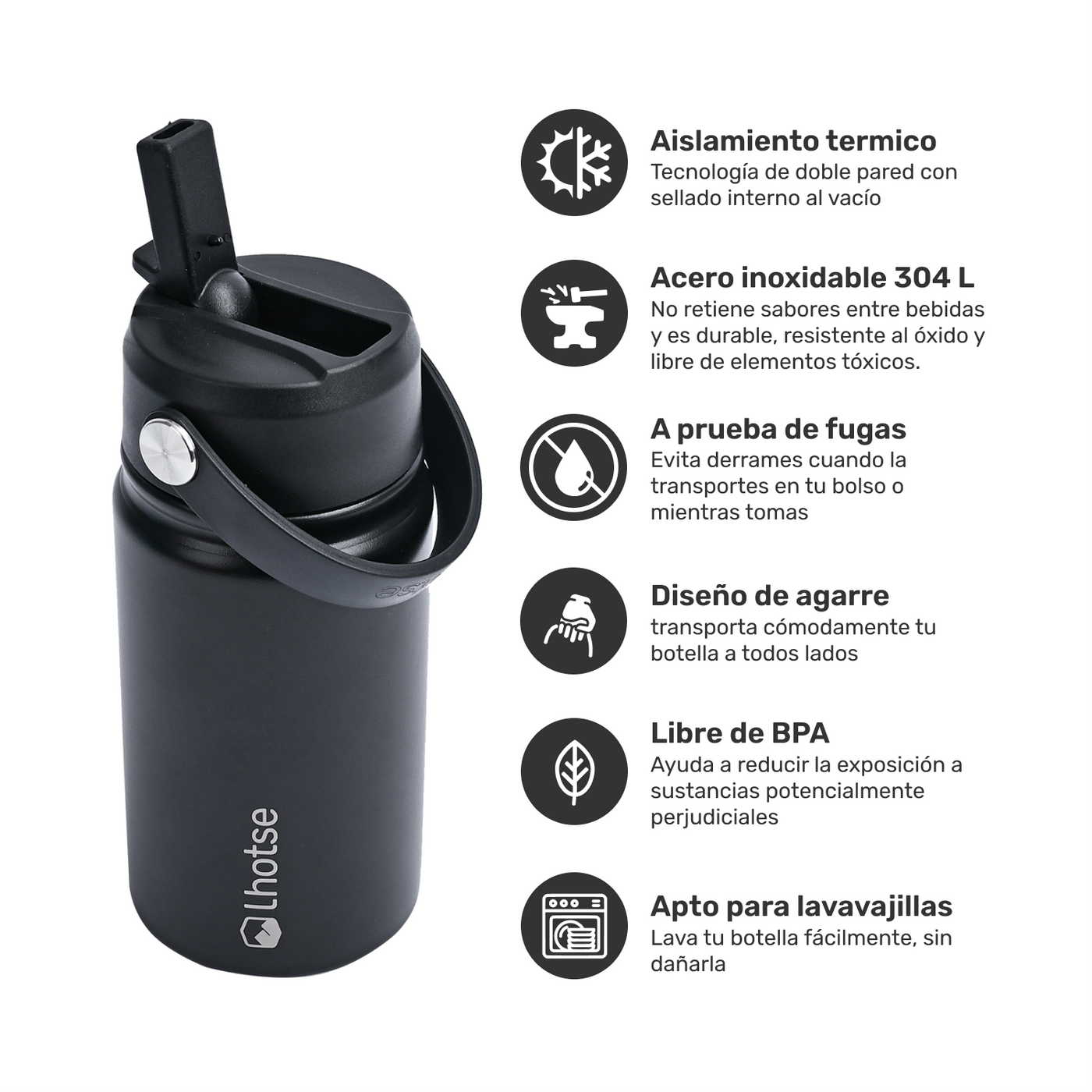 Botella Térmica Niño Hydro 360ml Negro + 2 Tapas Lhotse